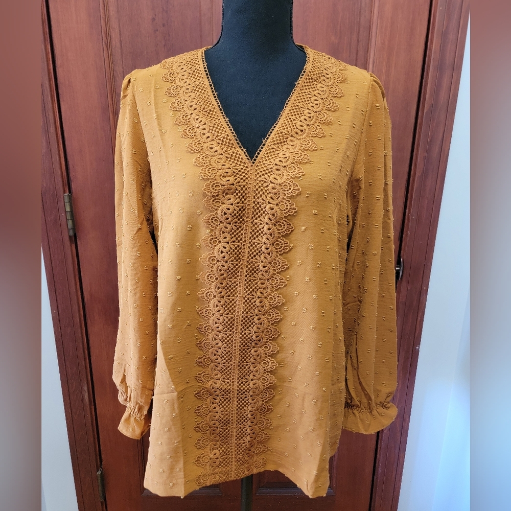 Elegant Mustard Lace Trim Blouse NWOT.
